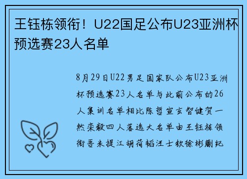 王钰栋领衔！U22国足公布U23亚洲杯预选赛23人名单